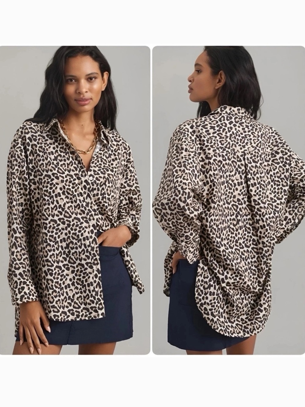 Maeve Anthropologie 100% Cotton Cheetah Print Relaxed Button-Up Tunic Shirt